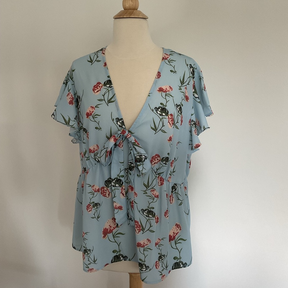 Blue Floral v neck blouse